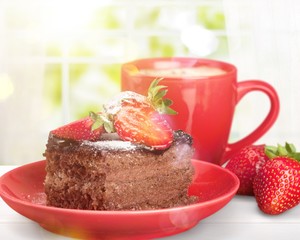 slice of delicious chocolate cake over white (with sample text)