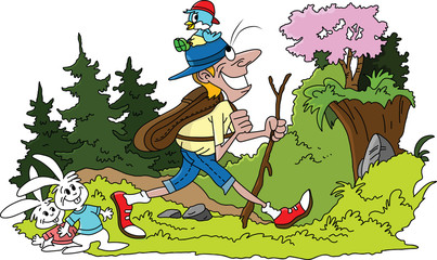 Obraz na płótnie Canvas Cartoon man hiking in the forest vector illustration