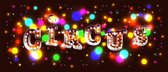 Festive 3d retro style lettering made with light through silhouettes and colorful stage lights, forming word circus over dark background.