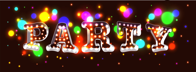 Festive 3d retro style lettering made with light through silhouettes and colorful stage lights, forming word party over dark background.