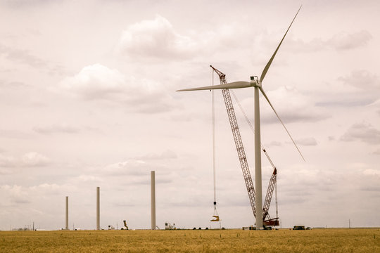 Adrian, Texas, USA. Route 66. Wind turbines being installed along the windy plains of the TX panhandle.