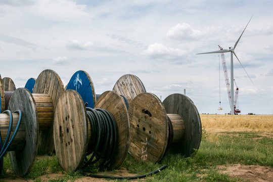 Adrian, Texas, USA. Route 66. Wind turbines being installed along the windy plains of the TX panhandle.