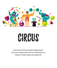 Circus. Vector illustration with animals, strong man and magicians. Template for circus show, party invitation, poster, kids birthday. Flat style.