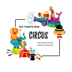 Obraz na płótnie Canvas Circus. Vector illustration with animals, clowns and magicians. Template for circus show, party invitation, poster, kids birthday. Flat style.