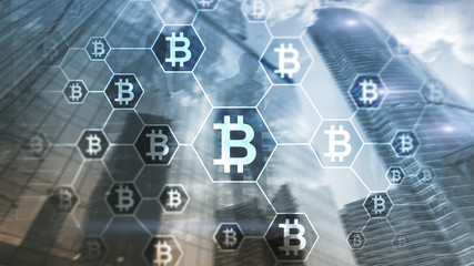 Bitcoin, Blockchain concept on server room background.