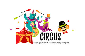 Circus. Vector illustration with animals, clowns and magicians. Template for circus show, party invitation, poster, flayer, kids birthday, web. Flat style.