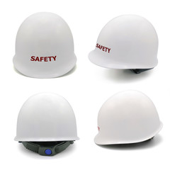 Collection of white hard safety helmet hat for protect of workman as engineer or worker isolated on white background
