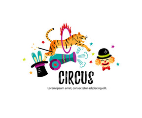 Circus. Vector illustration with tiger, clown and magicians. Template for circus show, party invitation, poster,  kids birthday, web. Flat style.