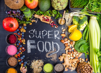 Super food selection. Various super foods and healthy foods, Detox, Fiber rich food