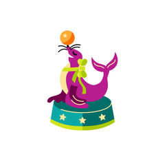 Seal with ball sits on a stand. Circus performancer vector illustration isolated on white background. Flat style design element for poster, banner, sticker, t-shirt design, flyer, baby birthday party.