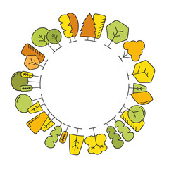 colorful spring and autumn tree border blank circle shape for text, ecology concept