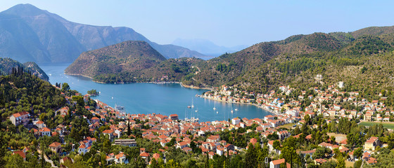 panoramic photo of Vathy in Ithaca island Greece