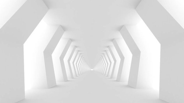 Futuristic empty white corridor with walls and bright light. Seamless looping animation.