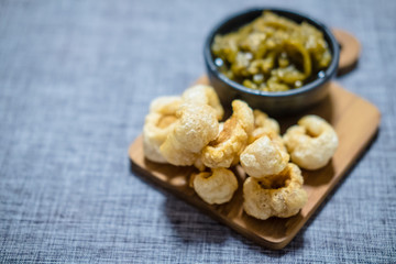 Crispy deep fried pork skin or pork rind