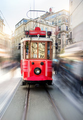 Retro tram on Taksim Istiklal Street in Istanbul, Turkey in a summer day