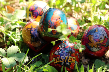 Fototapeta premium colorful easter eggs in green grass
