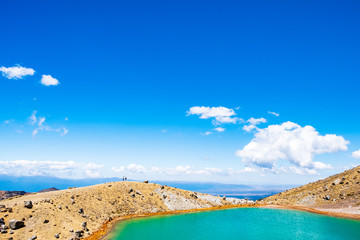 Beautiful Landscape view of Tongariro Crossing track on a beautiful day with blue sky, North Island, New Zealand.