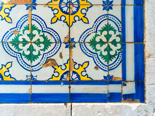 detail of a wall covered with Azulejo, a typical ornament of Portuguese architecture