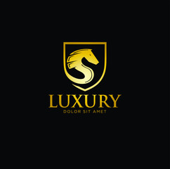 Golden Royal Luxury Horse Logo Icon Vector .  Horse Chess Logo Design Gold Royal Luxury