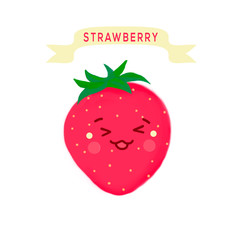 Kavai Strawberry. Cute Strawberry on a white background with a title. Cheerful, funny edible character.