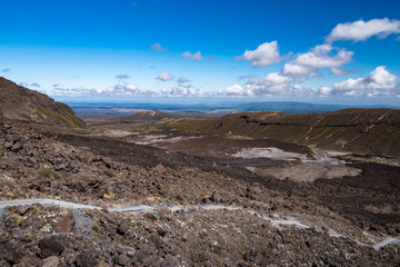 Beautiful Landscape view of Tongariro Crossing track on a beautiful day with blue sky, North Island, New Zealand.