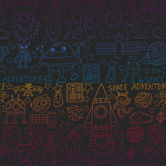 Vector set of space elements icons in doodle style. Painted, colorful, pictures on a piece of paper on white background. seamless.