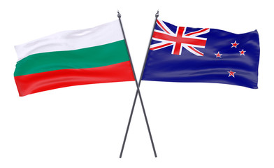 Bulgaria and New Zealand, two crossed flags isolated on white background. 3d image