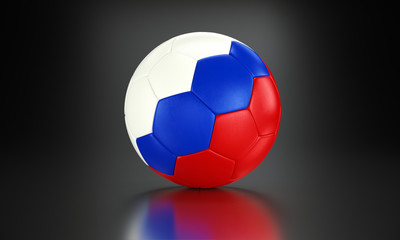 Fototapeta premium Football 3d concept. Ball with national flag of Russia in the black metallic studio.