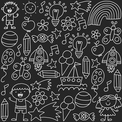 Kindergarten pattern, drawn kids garden elements pattern, doodle drawing, vector illustration, colorful. seamless.