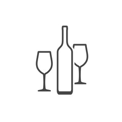 Wine bottle and two wineglasses icon isolated on white background. Vector contour icon.