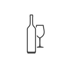 Wine bottle and wineglass contour icon isolated on white