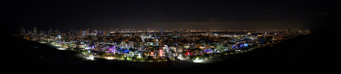 Fototapeta na wymiar Aerial night panorama of Miami Beach Ocean Drive at night