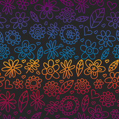 Vector set of child drawing flowers icons in doodle style. Painted, colorful, pictures on a piece of paper on white background. seamless