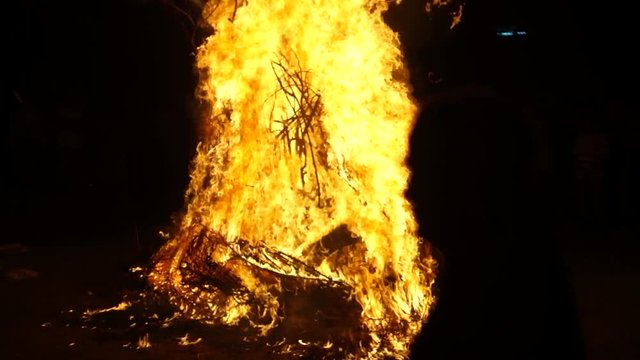 Fierce blaze of wooden bonfire on hindu festival of holi lohri