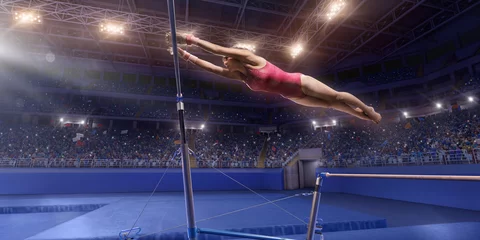 Fotobehang Gymnastiek Female athlete doing a complicated exciting trick on horizontal gymnastics bars in a professional gym. Girl perform stunt in bright sports clothes  © Alex