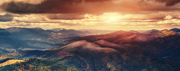 Majestic Mountain Landscape. Sunset in the mountains. Aerial Photo. Retro style. Instagram filter....