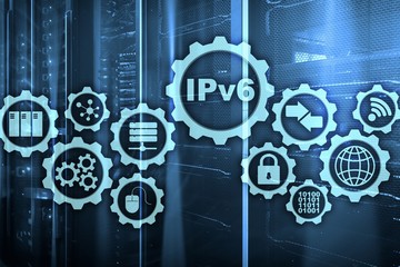 IPv6 Internet Protocol on server room background. Business Technology Internet and network concept.