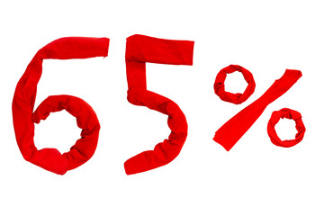 Sixty five percent mark (65%) made from red clothes on a white background. Isolated