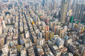 Fototapeta na wymiar Drone fly over Hong Kong downtown city