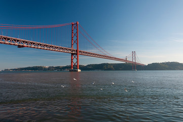 View of the 25 of April Bridge (Ponde 25 de Abril) with seagulls flying over the Tagus River, in the city of Lisbon, Portugal