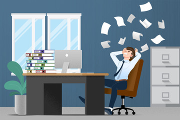 Businessman stress at the desk by a lot of work. Flat vector illustration design of employee character with stack of paper working very hard with the personal computer.