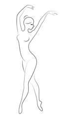 Silhouette of a cute lady, she is dancing ballet. The girl has a beautiful figure. The woman is a young slim and sexy ballet dancer. Vector illustration.