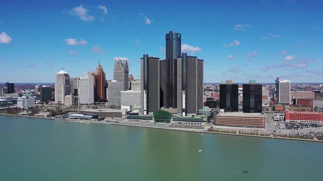 The Detroit Renaissance Center from the Detroit River with the Detroit Skyline in the Background, Aerial View with Sliding Movement