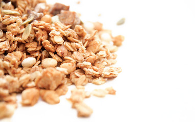 Crispy muesli dry Breakfast isolated on white background selective focus, top view
