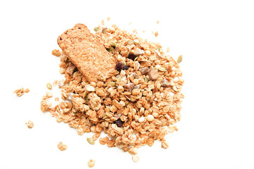 Crispy muesli dry Breakfast isolated on white background selective focus, top view