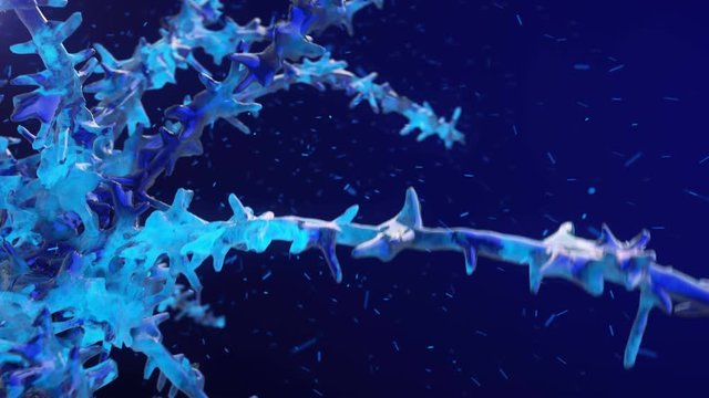 Abstract crystal coral growth. Beautiful animation of growing abstract shining tree with flying particles.3D generated with DOF and motion blur.Good for opener intro,logo and titles.Blue