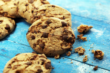 Chocolate cookies on wooden table. Chocolate chip cookies