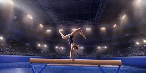Foto op Plexiglas Female athlete doing a complicated exciting trick on gymnastics balance beam in a professional gym. Girl perform stunt in bright sports clothes © Alex
