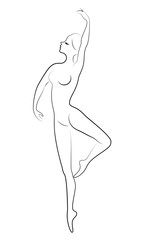 The silhouette of a cute lady, she is dancing ballet, circling fouette. The woman has a beautiful slim figure. Woman ballerina. Vector illustration.