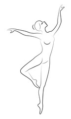 The silhouette of a cute lady, she is dancing ballet, circling fouette. The woman has a beautiful slim figure. Woman ballerina. Vector illustration.